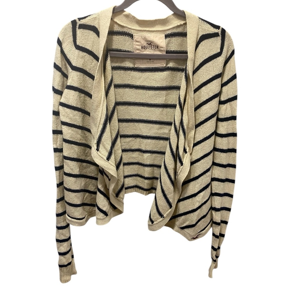 Hollister Women’s Striped Cardigan Cream and Navy Size Medium